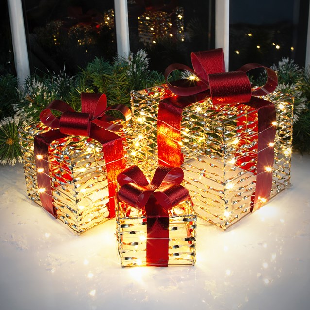 Set of 3 Light Up Gift Box Gold Mirrored Finish-S Set of 3 Light Up Gift Box Gold Mirrored Finish-S