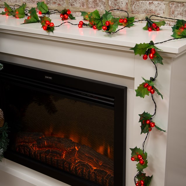 B/O 60LED 20 Holly Sprig and Berry Timer Lights B/O 60LED 20 Holly Sprig and Berry Timer Lights