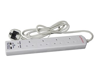 4 Way 2M Surge Protected Ext Lead With 2 USB 2.4A