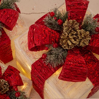 Set Of 3 LED Light Up Gift Box -White with Red Bow