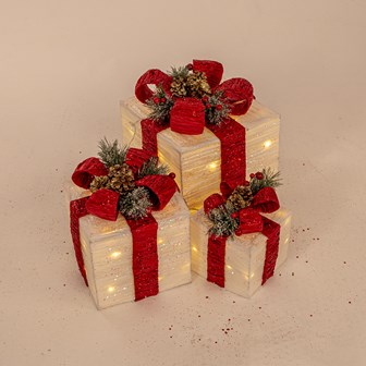 Set Of 3 LED Light Up Gift Box -White with Red Bow