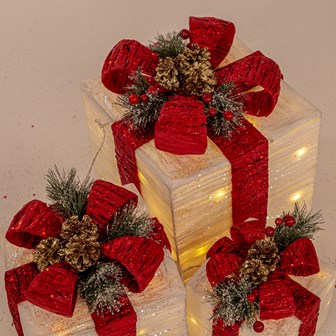 Set Of 3 LED Light Up Gift Box -White with Red Bow