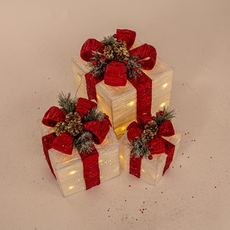 Set Of 3 LED Light Up Gift Box -White with Red Bow