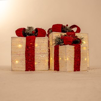 Set Of 3 LED Light Up Gift Box -White with Red Bow