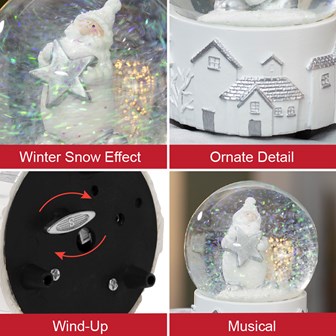Silver White Musical Santa Star Snowglobe