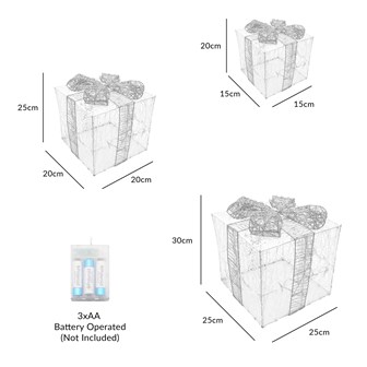 Set of 3 Silver & White LED Christmas Gift Box
