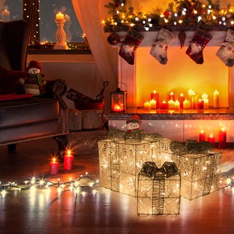 Set of 3 Silver & White LED Christmas Gift Box