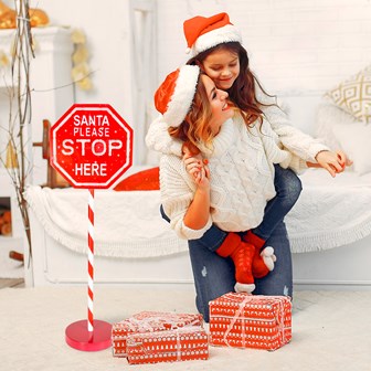 1M Light Up "Santa Please Stop Here" Sign Post