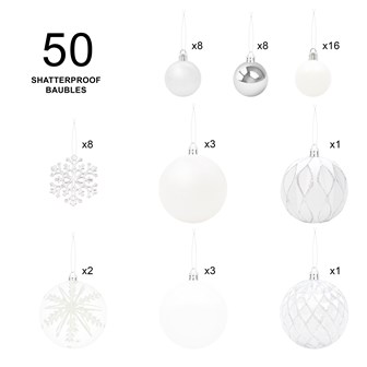50PK Shatterproof Baubles - White
