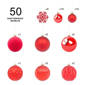 50PK Shatterproof Baubles -Red