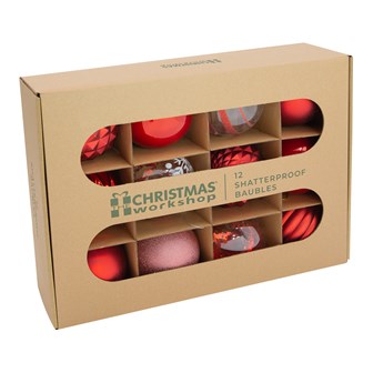 12PK Shatterproof Large Baubles -Red
