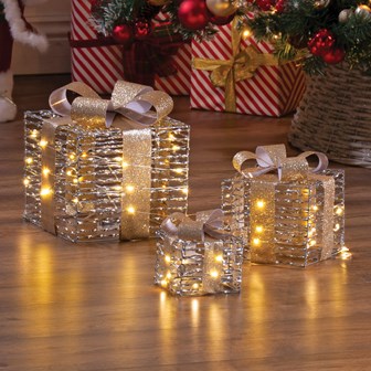 Set Of3LightUp Gift Box Silver Mirrorrd Finish-S