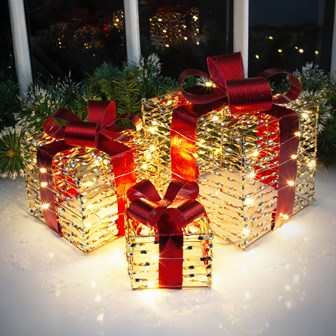 Set of 3 Light Up Gift Box Gold Mirrored Finish-S