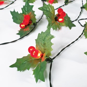 B/O 60LED 20 Holly Sprig and Berry Timer Lights