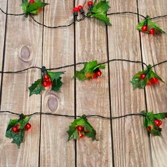 B/O 60LED 20 Holly Sprig and Berry Timer Lights