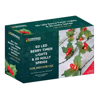 B/O 60LED 20 Holly Sprig and Berry Timer Lights