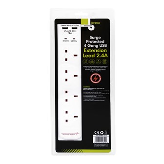 4 Way 2M Surge Protected Ext Lead With 2 USB 2.4A