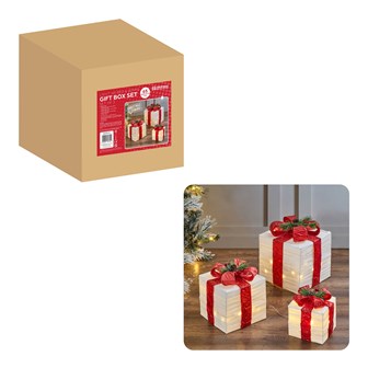Set Of 3 LED Light Up Gift Box -White with Red Bow