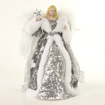 12" Silver & White Dress Tree Top Angel 12" Silver & White Dress Tree Top Angel