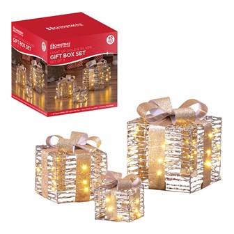 Set Of3LightUp Gift Box Silver Mirrorrd Finish-S