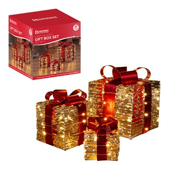 Set of 3 Light Up Gift Box Gold Mirrored Finish-S Set of 3 Light Up Gift Box Gold Mirrored Finish-S