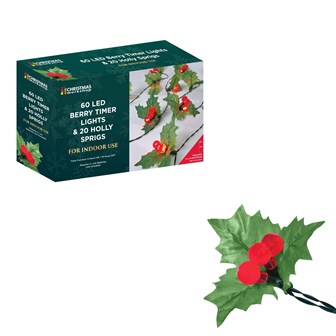 B/O 60LED 20 Holly Sprig and Berry Timer Lights B/O 60LED 20 Holly Sprig and Berry Timer Lights