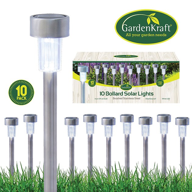 10PK S/S Bollard Solar Lights-White 10PK S/S Bollard Solar Lights-White
