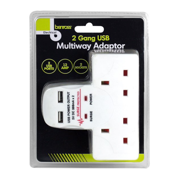 2 Way Wall Adaptor With 2 USB Ports - 1A 2 Way Wall Adaptor With 2 USB Ports - 1A