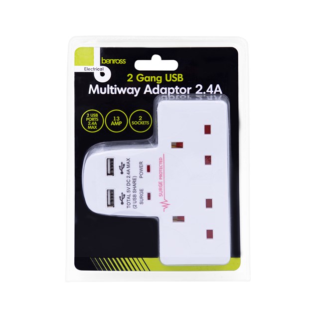 2 Way Wall Adaptor With 2 USB Ports - 2.4A 2 Way Wall Adaptor With 2 USB Ports - 2.4A