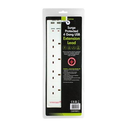 4 Way 2M Surge Protected Extension Lead With 2 USB
