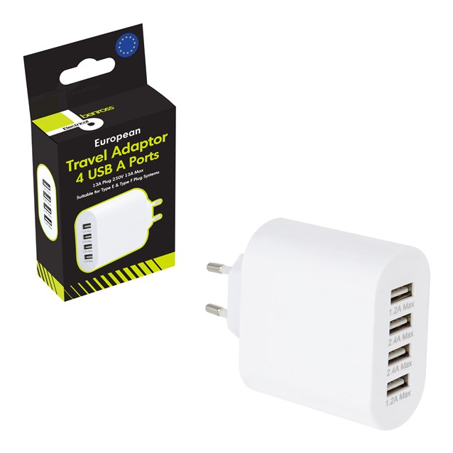 2 Pin Euro 4 Port USB Travel Adaptor 2 Pin Euro 4 Port USB Travel Adaptor