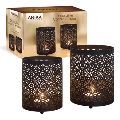 2PC Black Metal Candle Holder W/Geometric Pattern