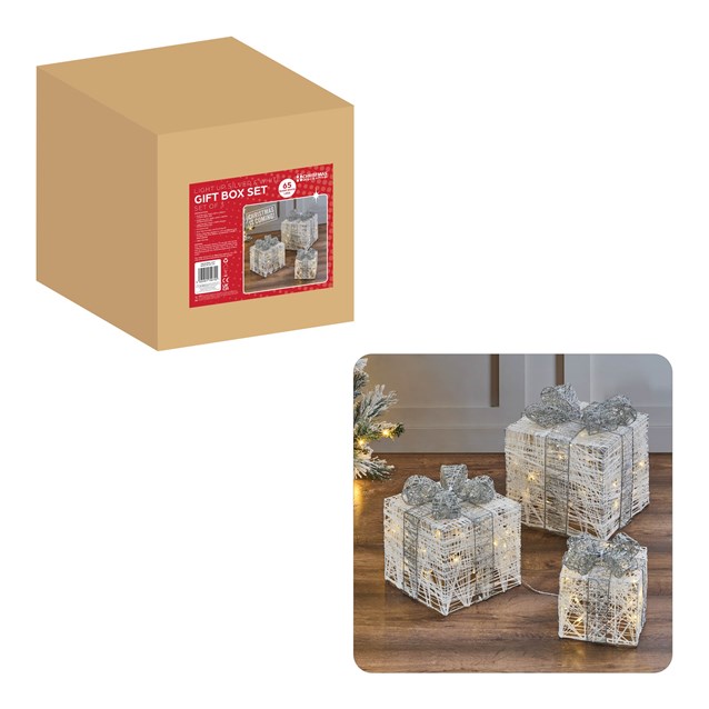 Set of 3 Silver & White LED Christmas Gift Box Set of 3 Silver & White LED Christmas Gift Box