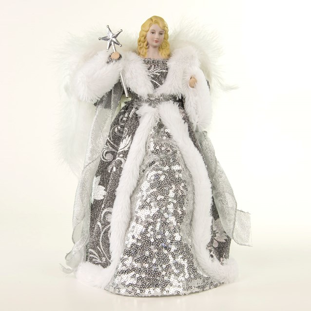 12" Silver & White Dress Tree Top Angel