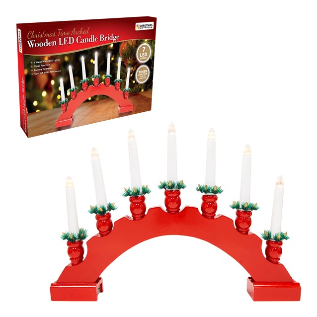 7 LED Red Arched Wooden Candle Bridge Large 7 LED Red Arched Wooden Candle Bridge Large