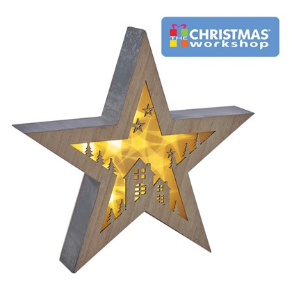 LED Wooden Star w/Laser Cut Cabin Scene