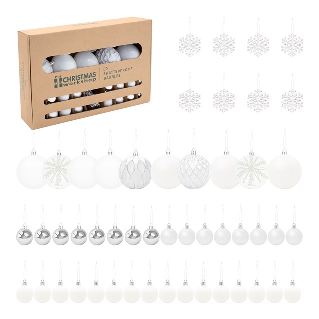 50PK Shatterproof Baubles - White 50PK Shatterproof Baubles - White