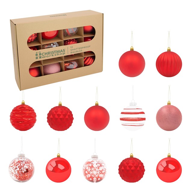 12PK Shatterproof Large Baubles -Red 12PK Shatterproof Large Baubles -Red