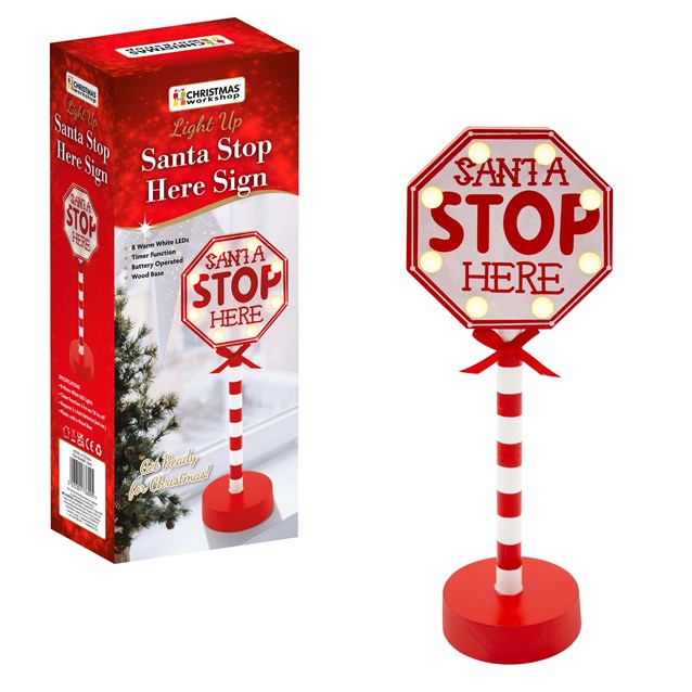 8 LED Santa Stop Here Wooden Deco Sign 8 LED Santa Stop Here Wooden Deco Sign
