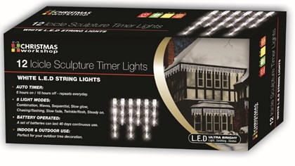 12 LED Icicle Timer Lights - White