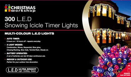 300 LED Snowing Icicle Timer Lights- Multi Colour