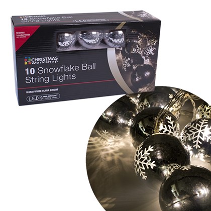 10 LED 6.5cm Snowflake Bauble Lights - W.White