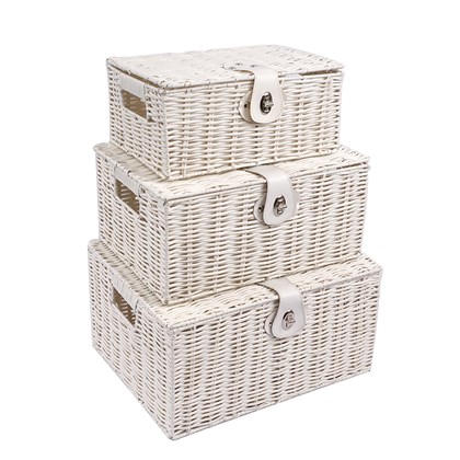 Set of 3 Wicker Storage Box - White