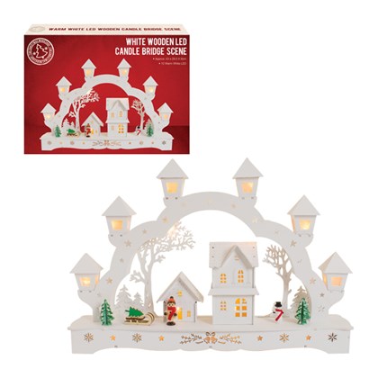 B/O White Wooden Christmas Scene lanterns-10 LED