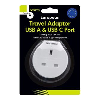 1 Way European Travel Adaptor 2 x USB A/C
