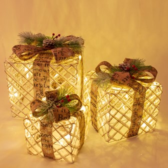 Set of 3 Rattan LED Christmas Gift Box