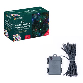 50 LED Battery Op Timer Lights - Multi Colour
