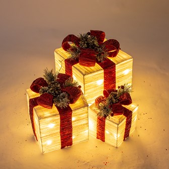 Set Of 3 LED Light Up Gift Box -White with Red Bow