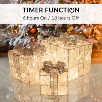 Set of 3 Silver & White LED Christmas Gift Box