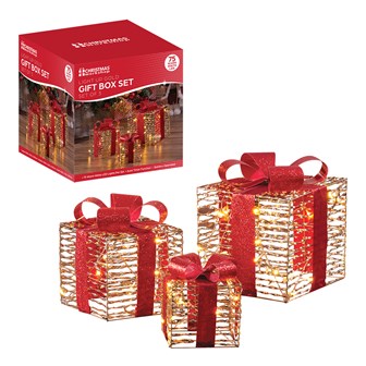 Set of 3 Light Up Gift Box Gold Mirrored Finish-L